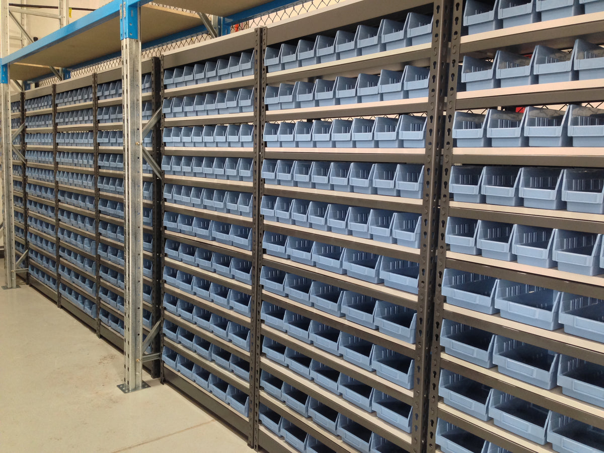 Summit Rivet Bin Shelving Units with Plastic Storage Bins - 70 Bins