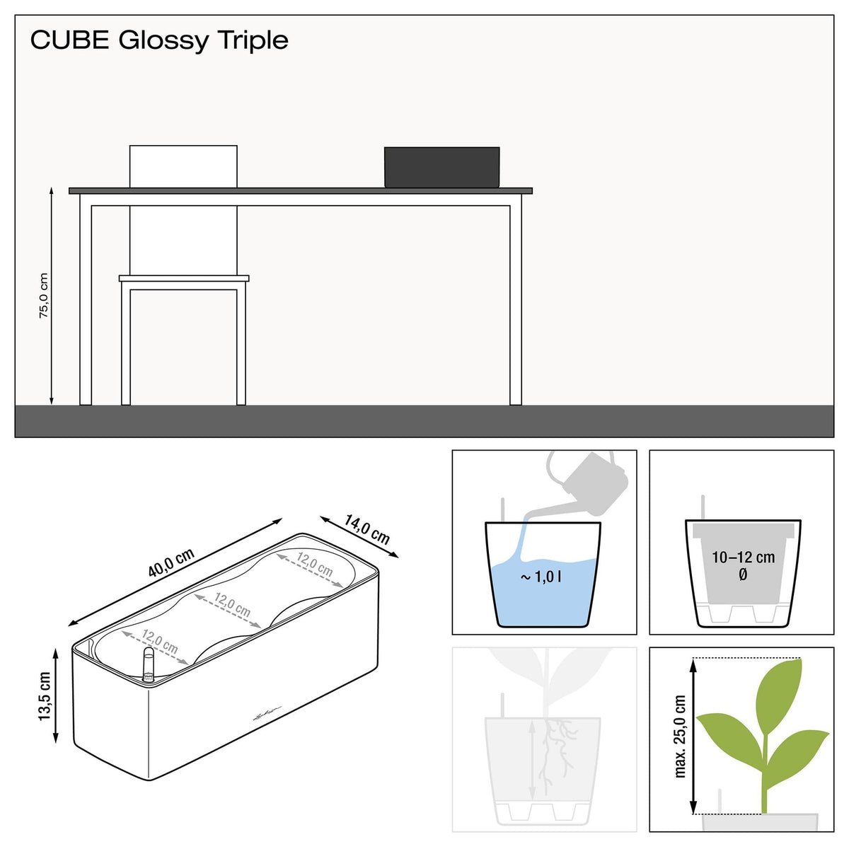 Lechuza Self Watering Planter Box - Glossy CUBE Triple