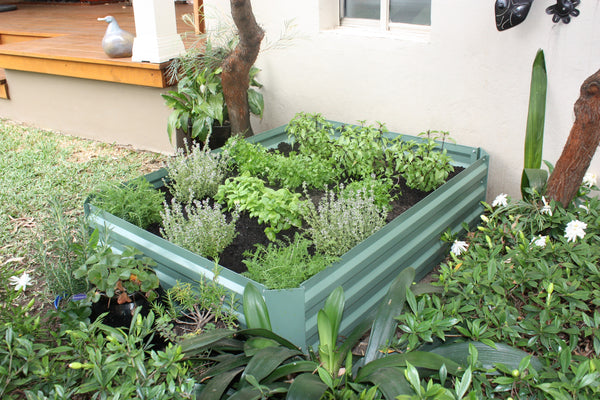 Greenlife Raised Garden Bed 1200 x 900 x 300 - Eucalypt Green + Drop Over Greenhouse