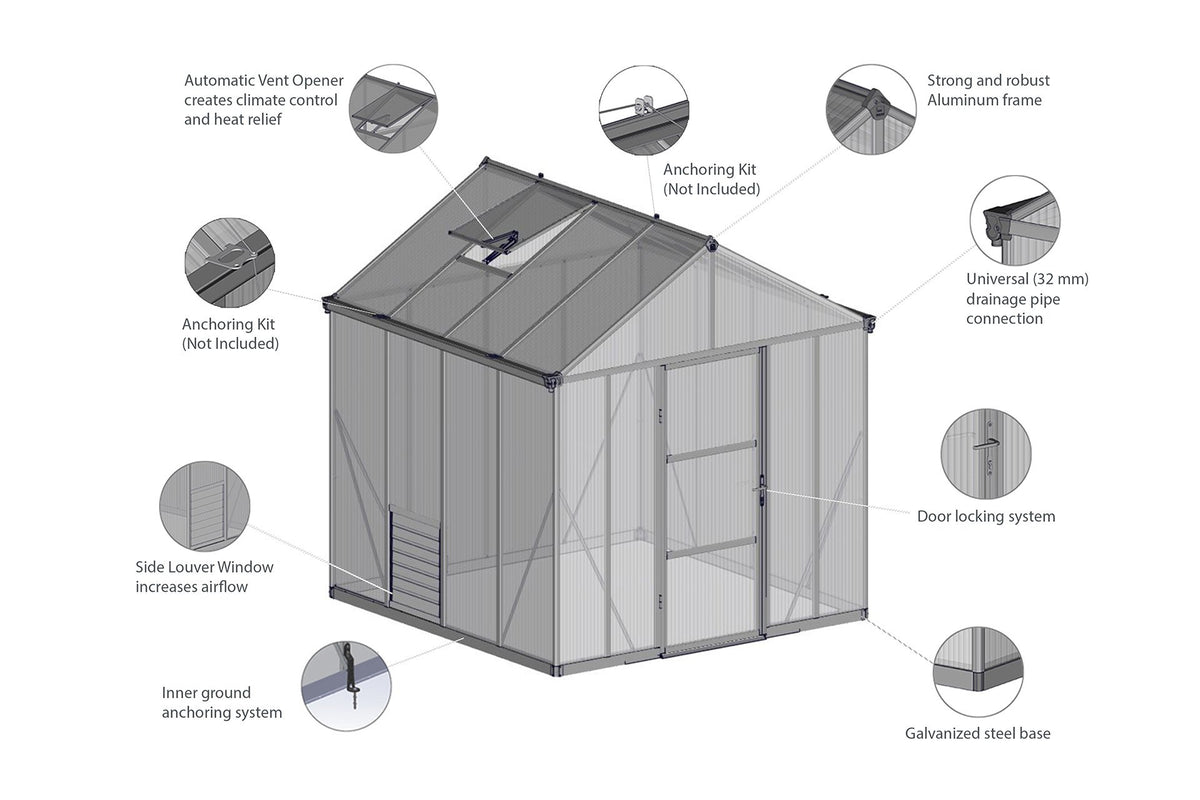 Maze Glory Premium Polycarbonate Greenhouse 8' x 8' Grey (2.5m x 2.5m)