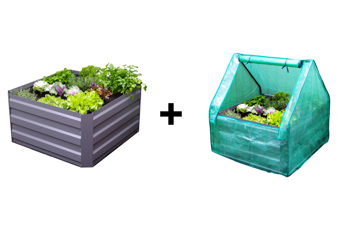 Greenlife Square Garden Bed 450H Slate Grey + PE Greenhouse 900 x 900 x 1020