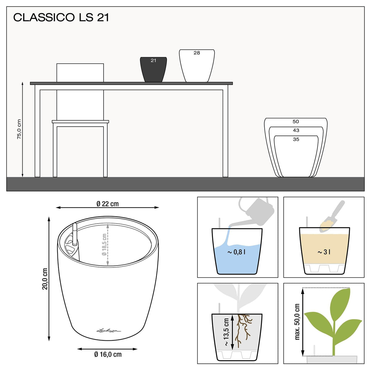 Lechuza CLASSICO LS 21 PREMIUM Self-Watering Pot