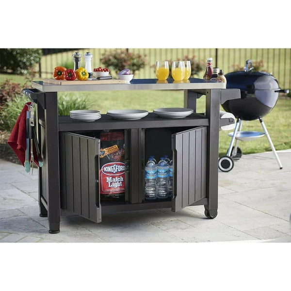 Keter Unity XL Mobile BBQ Prep and Storage Unit with Steel Bench Top
