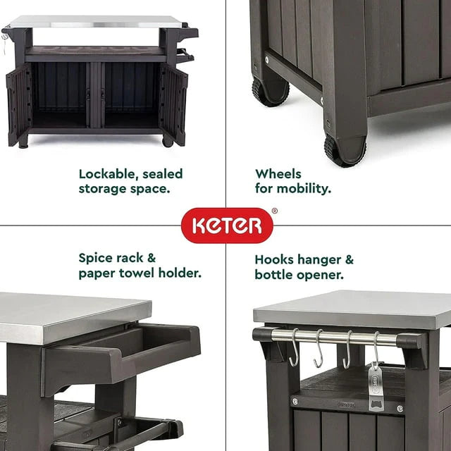 Keter Unity XL Mobile BBQ Prep and Storage Unit with Steel Bench Top