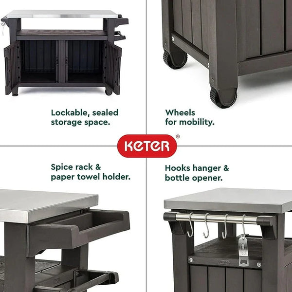 Keter Unity XL Mobile BBQ Prep and Storage Unit with Steel Bench Top