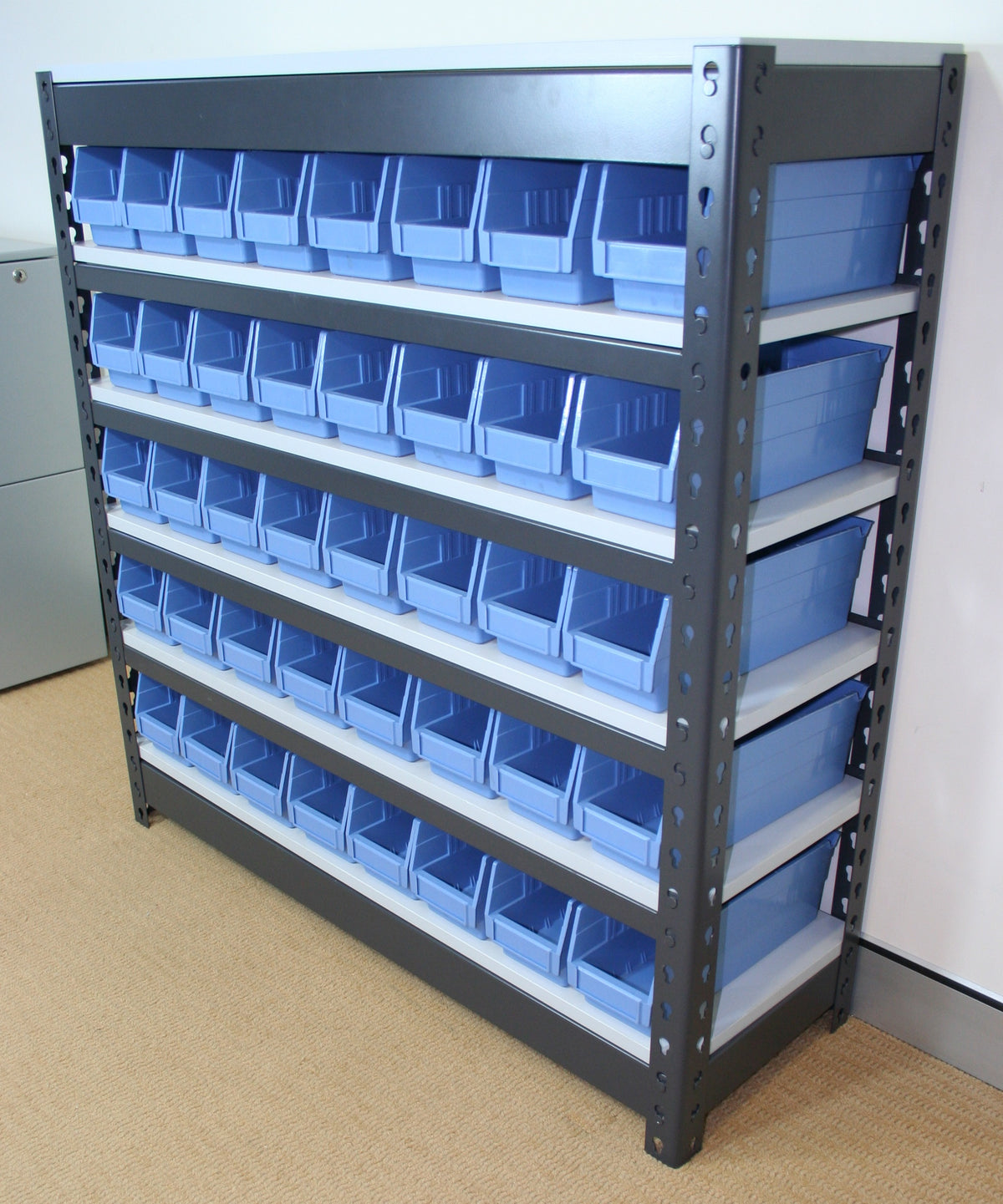 Summit Rivet Bin Shelving Units with Plastic Storage Bins - 40 Bins