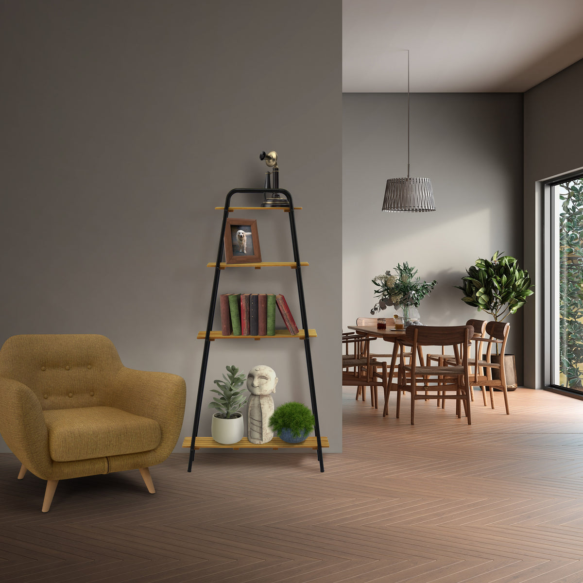 Takasho Moderno Tall Plant Stand 4 Shelf - Black/Natural Timber
