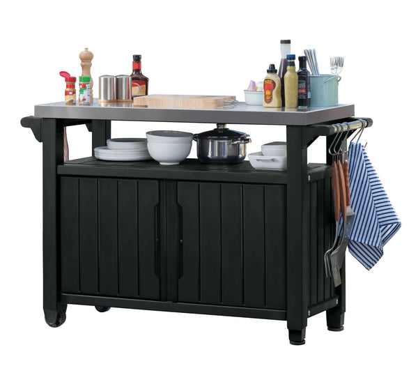 Keter Unity XL Mobile BBQ Prep and Storage Unit with Steel Bench Top