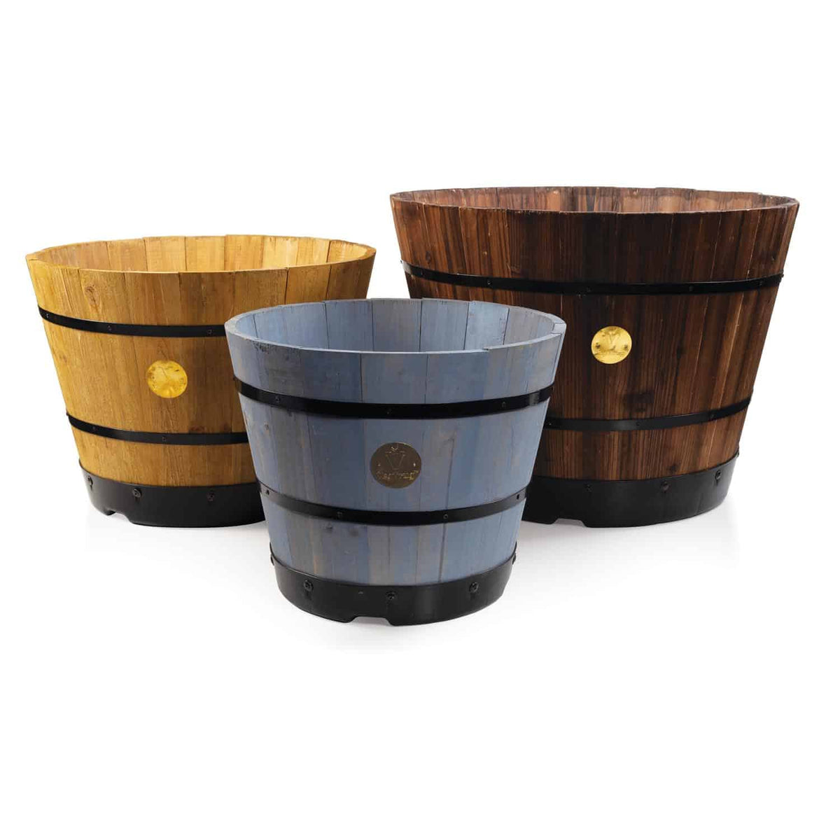 VegTrug Wooden Barrel Medium 46cm with Plastic Base - Natural (3 Pack)