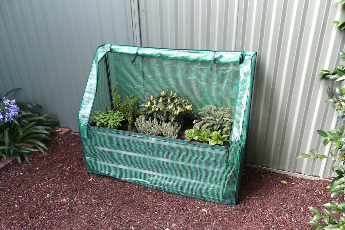 Greenlife Slimline Garden Bed Charcoal + Drop Over PE Greenhouse 1250 x 500 x 990