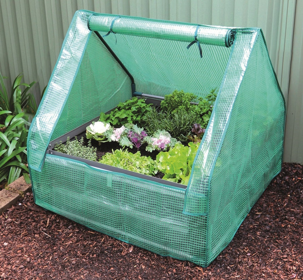Greenlife Square Garden Bed Slate Grey + PE Greenhouse 900 x 900 x 1020