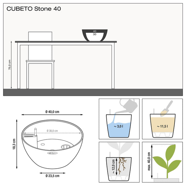 Lechuza Self Watering Pot - CUBETO Stone 40 Bowl