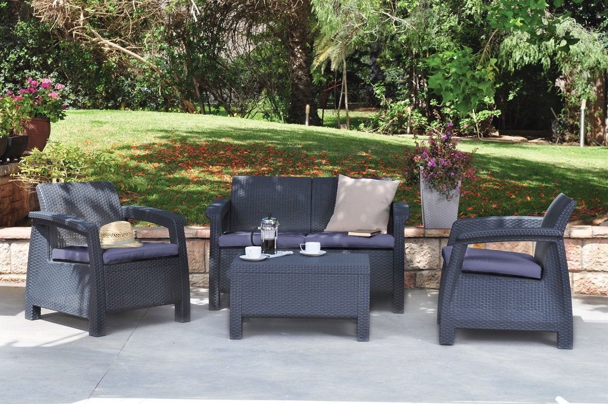 Keter Corfu 4 Seater Rattan Lounge Set with Cushions - Graphite