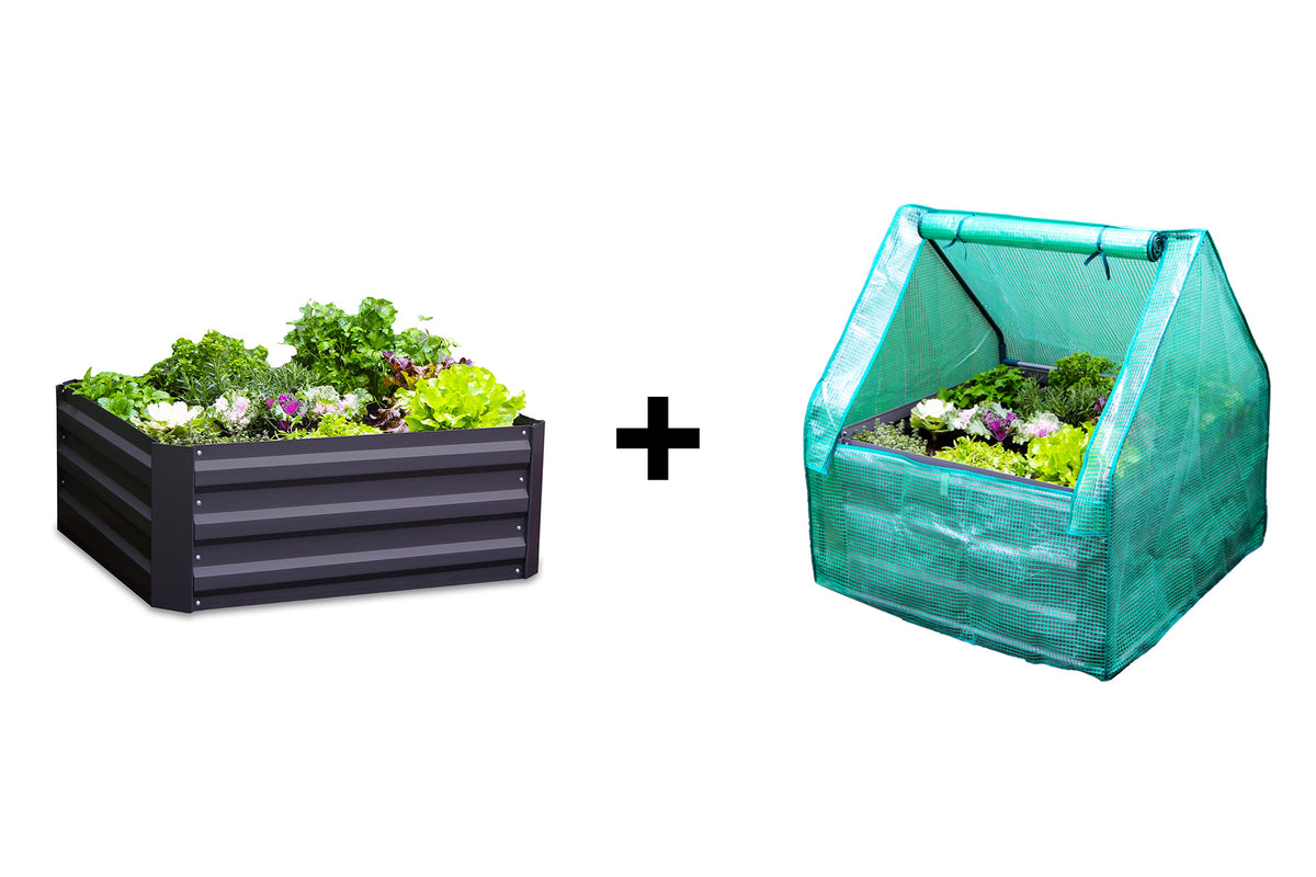 Greenlife Square Garden Bed Charcoal + Drop Over PE Greenhouse 900 x 900 x 1020