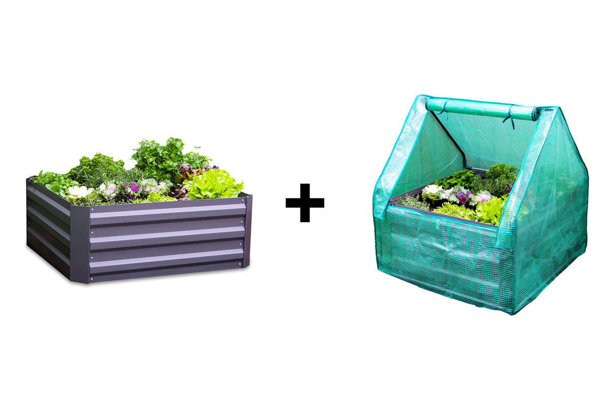 Greenlife Square Garden Bed Slate Grey + PE Greenhouse 900 x 900 x 1020