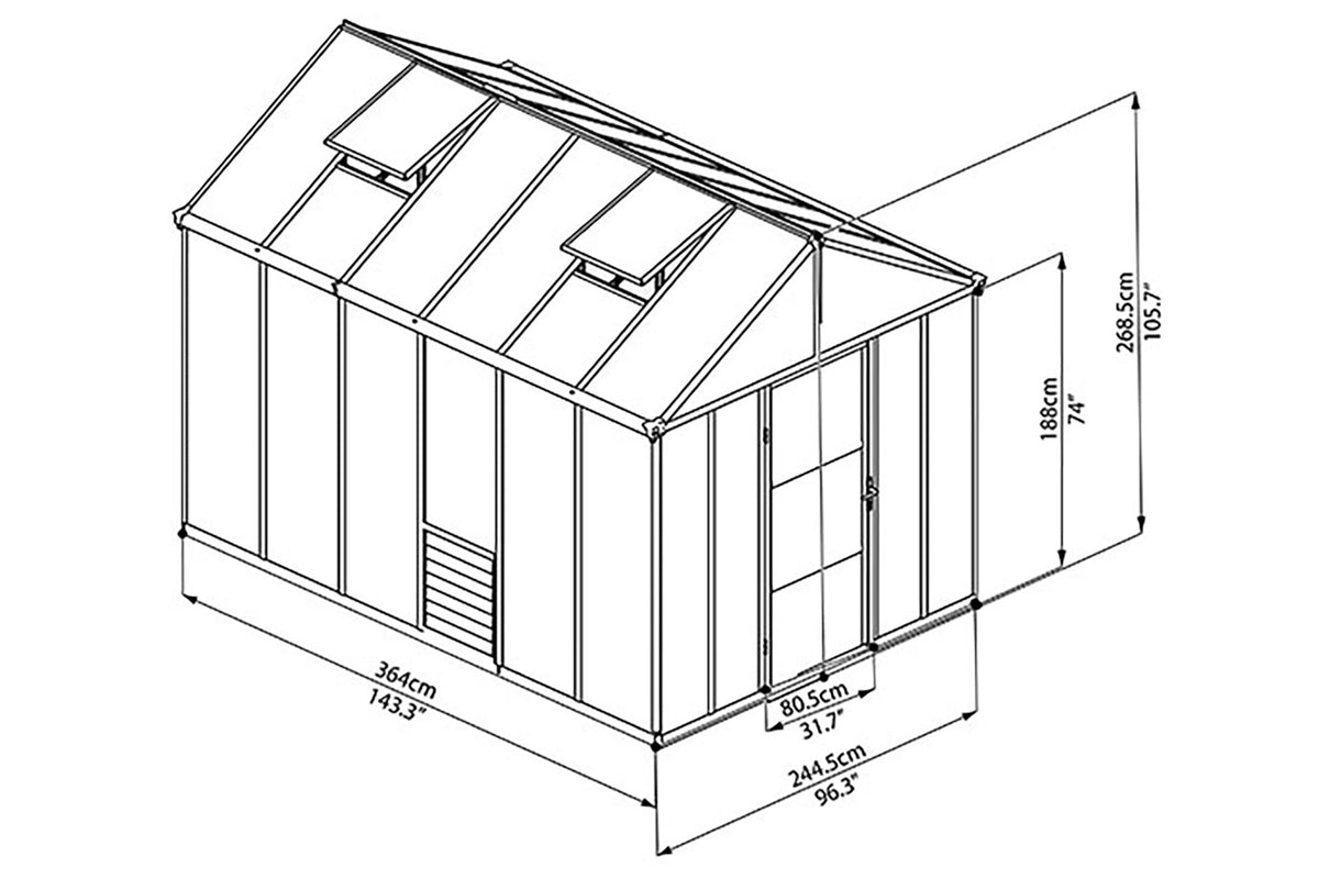 Maze Glory Polycarbonate Greenhouse 8' x 12' Grey (2.5m x 3.7m)