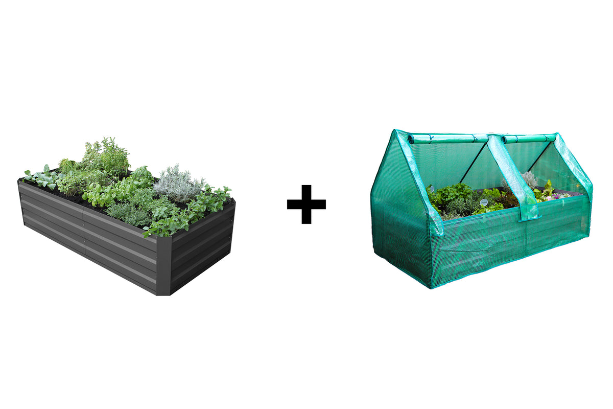 Greenlife Large Garden Bed 2 Brace Charcoal + Drop Over PE Greenhouse 1850 x 950 x 1020