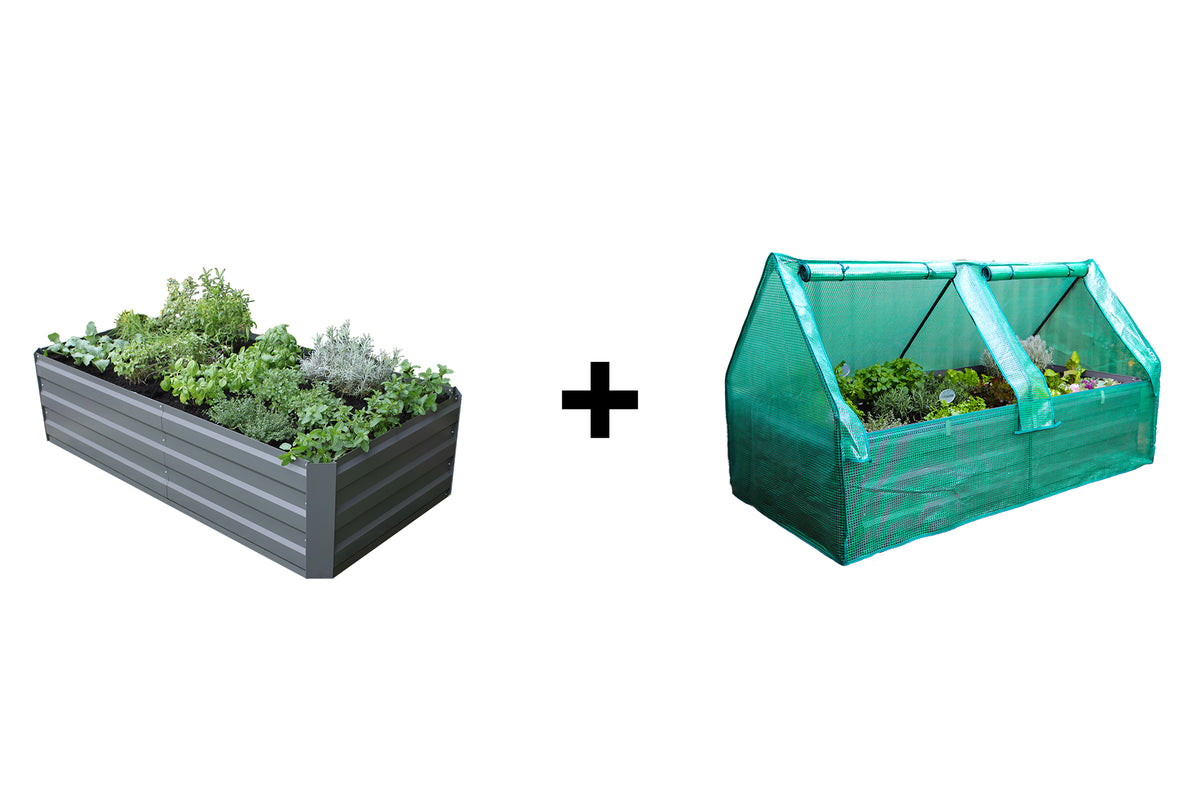 Greenlife Large Garden Bed 2 Brace Slate Grey + Drop Over PE Greenhouse 1850 x 950 x 1020