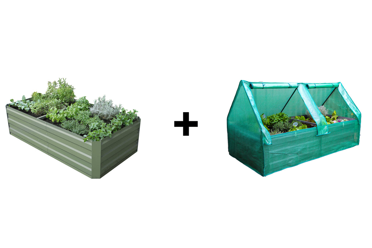 Greenlife Premium Large Garden Bed Eucalypt Green + Drop Over PE Greenhouse 1850 x 950 x 1020