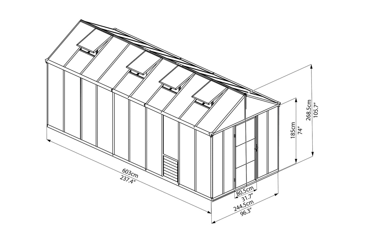 Maze Glory Polycarbonate Greenhouse 8' x 20' Grey (2.5m x 6.1m)