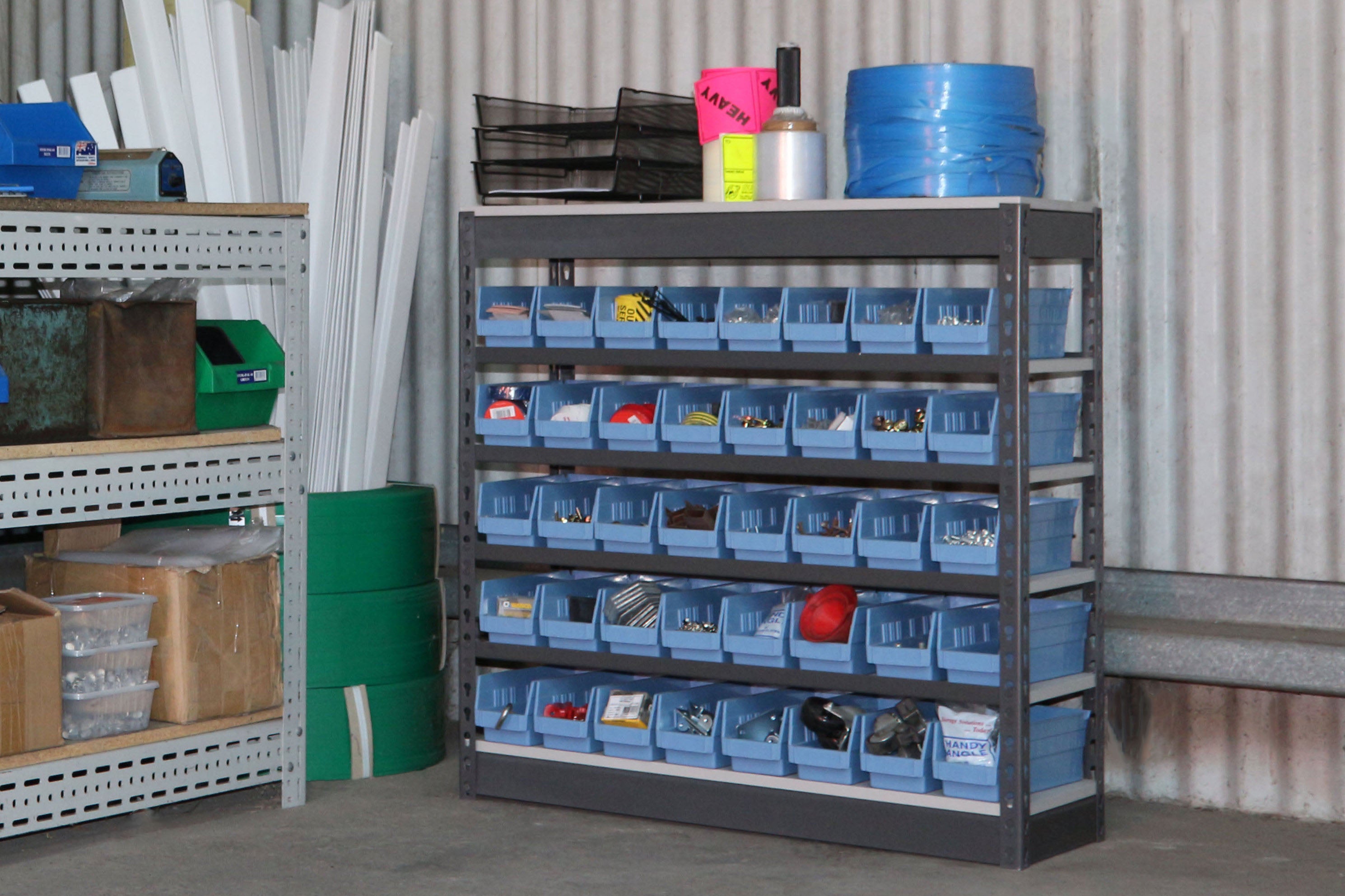 Summit Rivet Bin Shelving Units with Plastic Storage Bins - 40 Bins ...