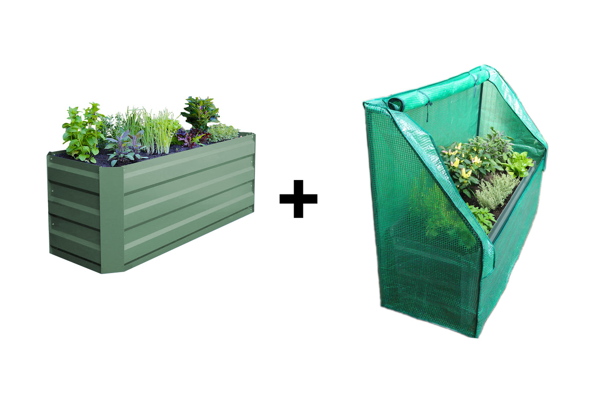Greenlife Slimline Garden Bed Eucalypt Green + Drop Over PE Greenhouse 1250 x 500 x 990