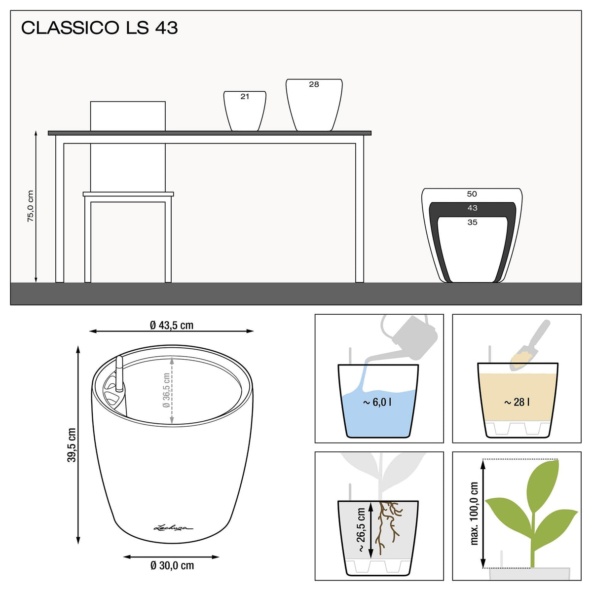 Lechuza CLASSICO LS 43 PREMIUM Self-Watering Pot