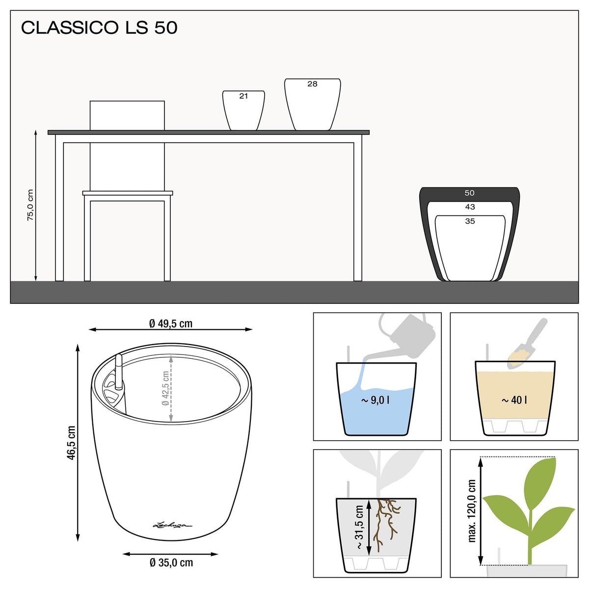 Lechuza CLASSICO LS 50 PREMIUM Self-Watering Pot